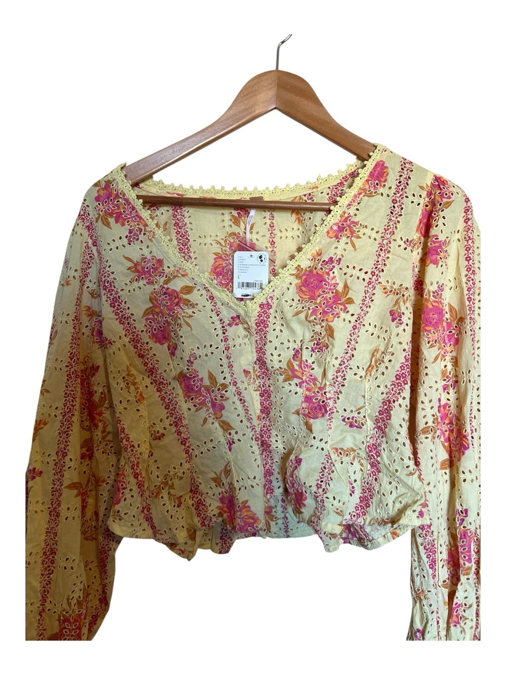 Free People Yellow Floral Eyelet Peplum Blouse size Small - Picture 2 of 3